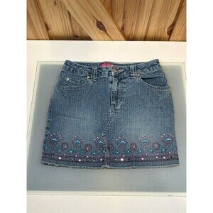 Vintage Girl's Denim Embellished Rhinestones Mini Skirt Thalia Sodi Size 12 Y2K